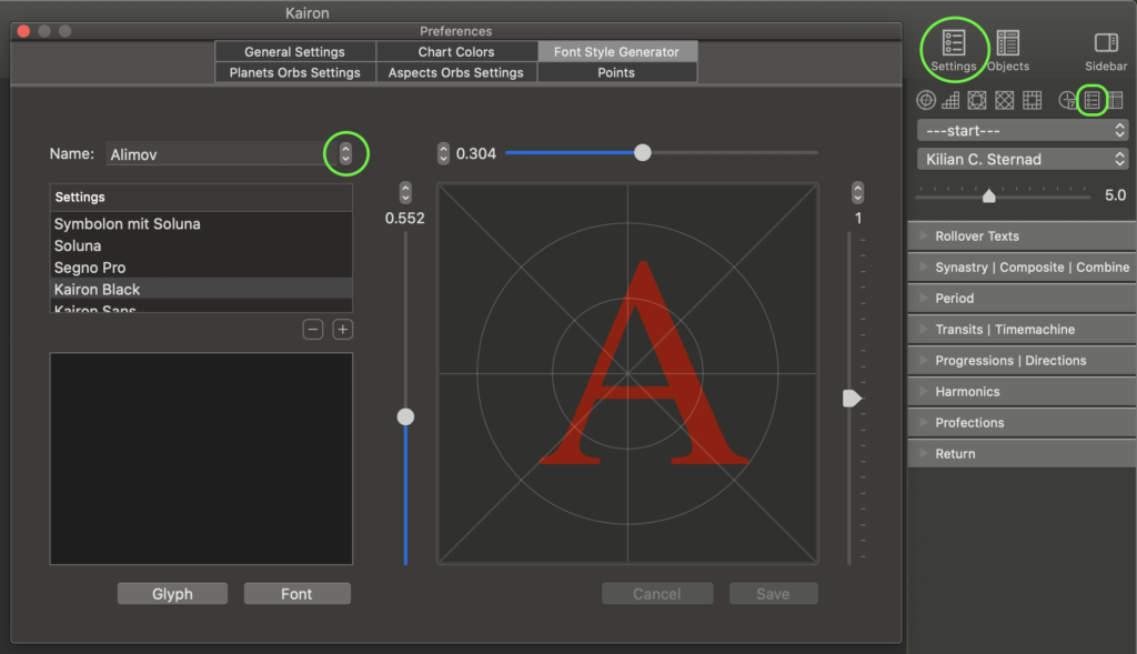Selecting the symbol to edit in Font-Style-Generator in Kairon4