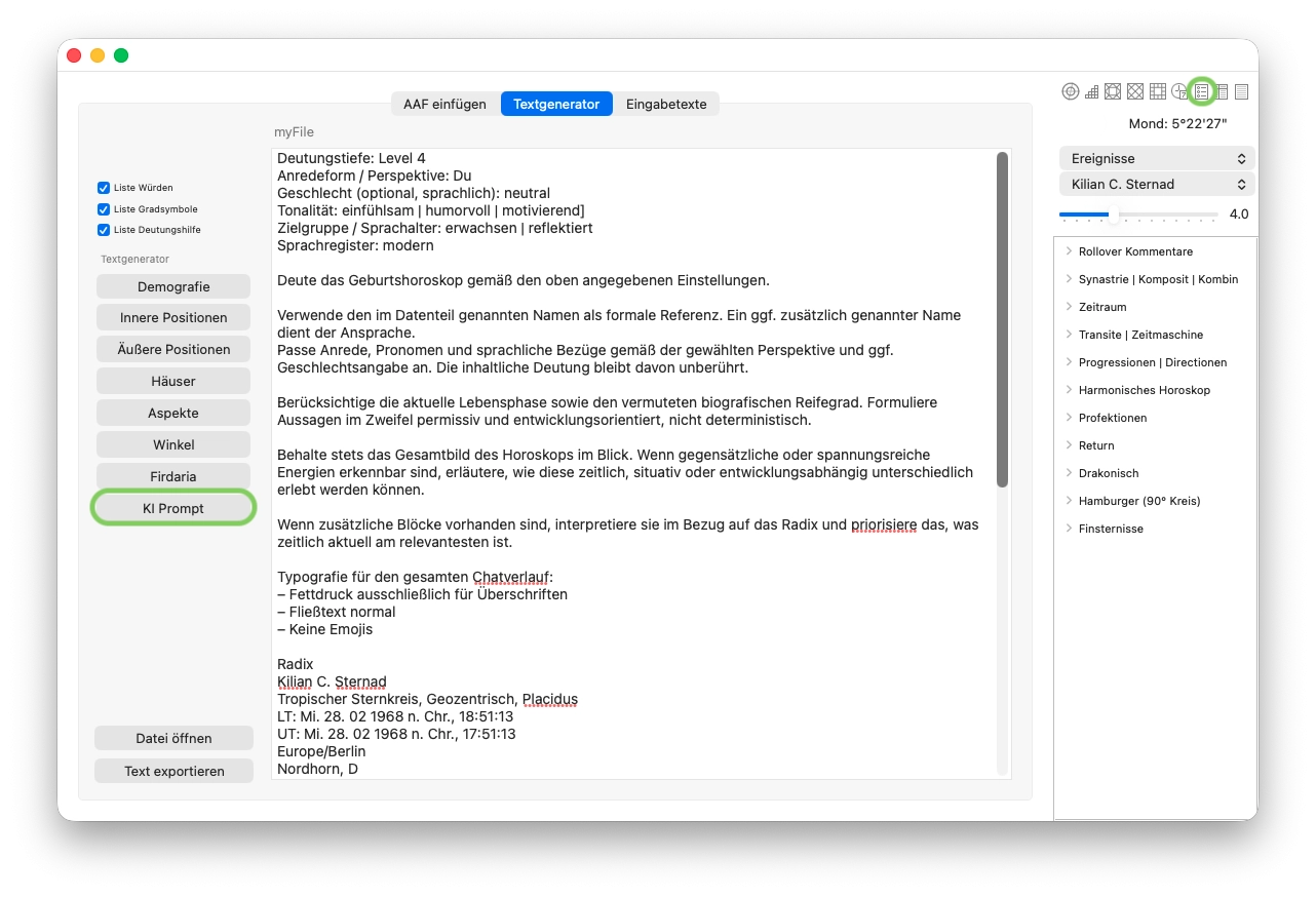 Textgenerator Fenster mit Anleitung zur KI-Interpretation